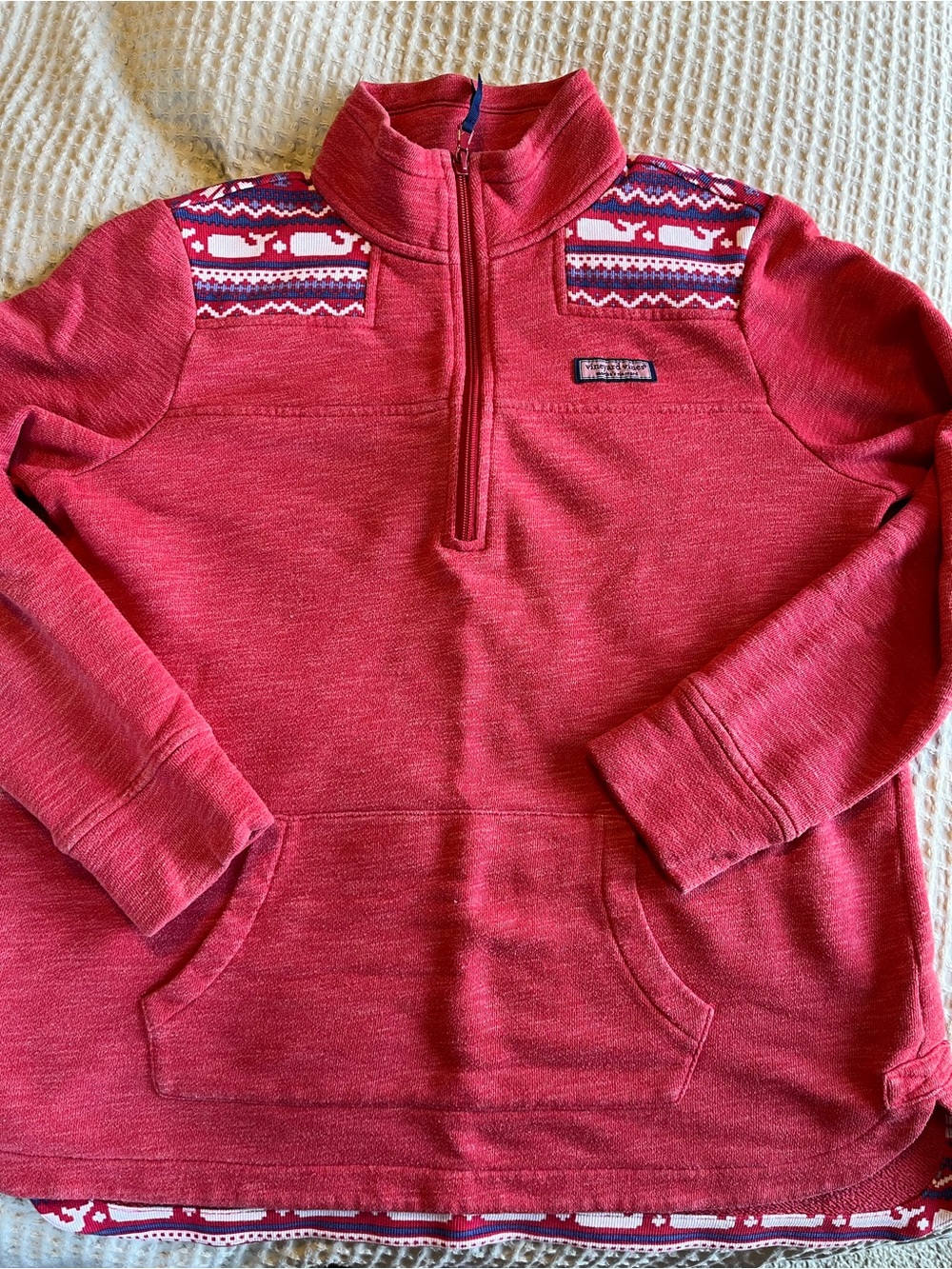 Vineyard Vines Red Half-Zip Sweater with Patterned Yoke